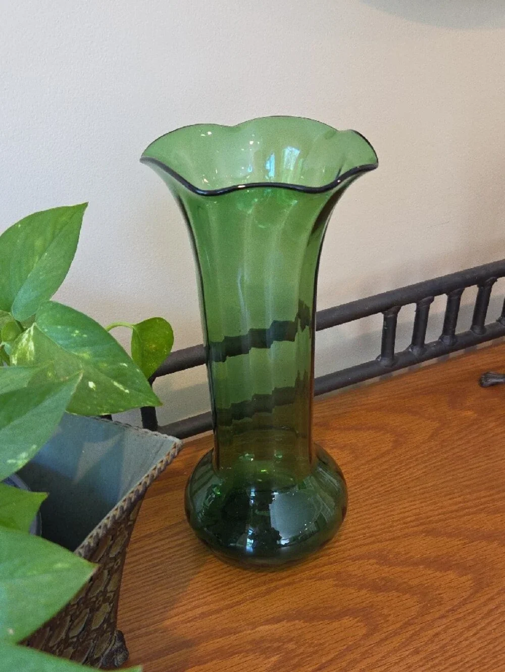 Vtg Green Glass Fluted Vase - Approx 11 3/4